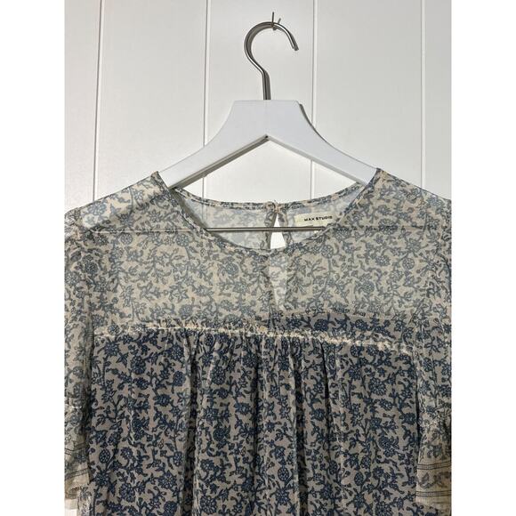 Max Studio Shirt Sheer Blouse Floral Short Sleeve Ruffle Details Size XS - Picture 5 of 9